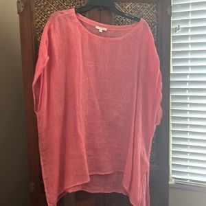 Eileen Fisher linen, orange and white striped medium tunic top.